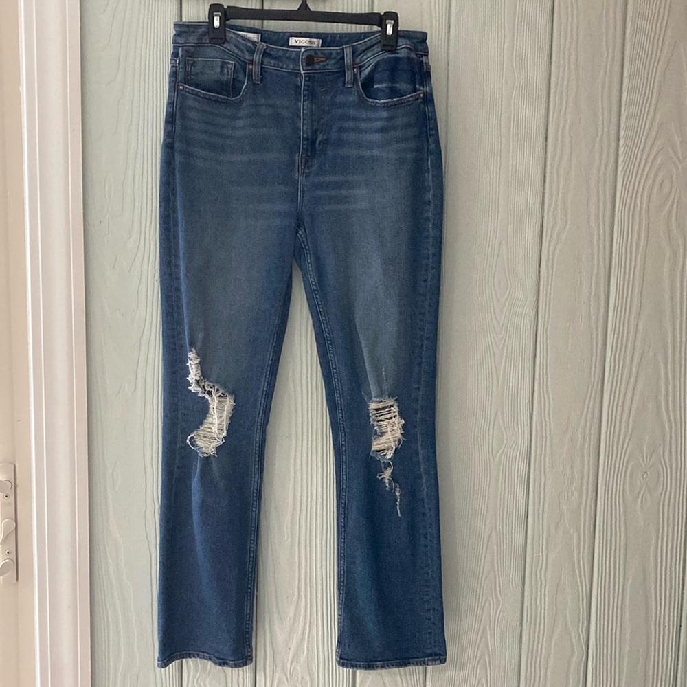 Vigoss Blue Straight Leg Jeans with Distressed Details